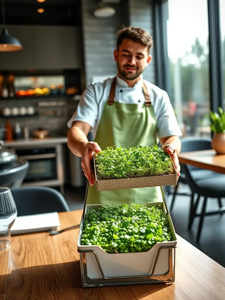 A franchisee of NZ Robinson Farms delivering a fresh batch of microgreens to a local upscale restaurant, emphasizing the market access and revenue potential.