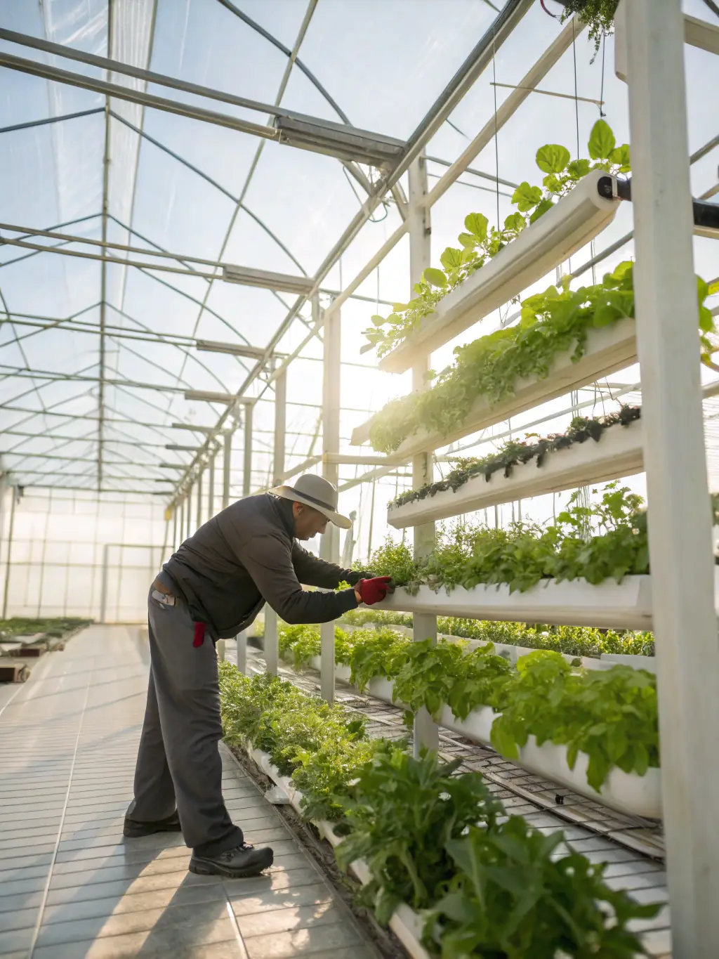 A franchisee of NZ Robinson Farms inspecting a healthy tray of microgreens in a hydroponic growing system, showcasing the quality and care involved in the process.